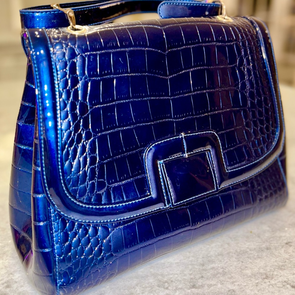 Blue Croc Embossed Satchel with Gold-Tone Hardware